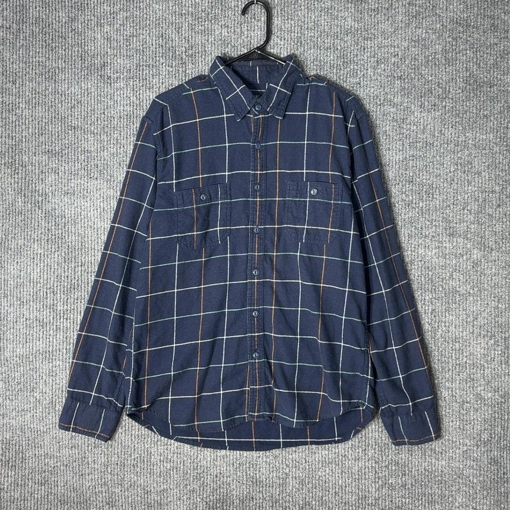 J Crew Flannel Shirt Mens L Navy Blue Plaid Check Long Sleeve Cotton Button Up